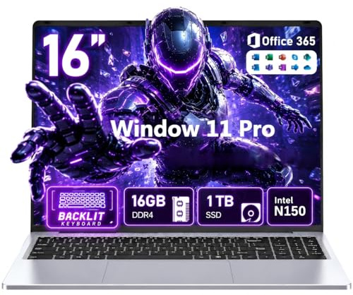 NIAKUN Computer portatile da gioco, computer portatile da 16 pollici con SSD da 16 GB di RAM da 1 TB, Intel N150 (4C/4T), 2026 Windows 11 Pro e ufficio inclusi, tastiera retroilluminata, laptop
