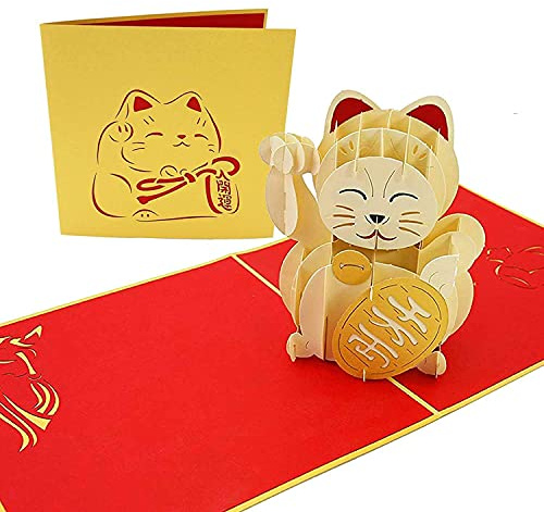 PopLife Cards Maneki-neko glückliche Katze Popup Grußkarte traditionelle japanische Reichtum Dekoration, einladende Kattun Falten flach für Mailing Geburtstag, gesund werden, Abschluss, Jubiläum, nur