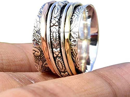 Three Tone Spinner Band Rings, Anxiety Ring for Meditaion, 925 Sterling Silber Band, Messing und Kupfer Spinnring für Frauen, Gift Ring for Mother's Day