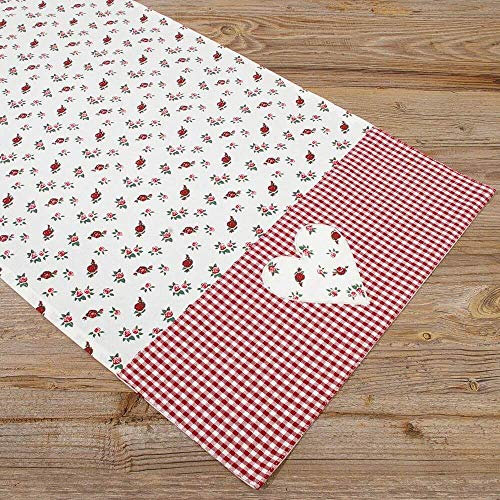Tischläufer VRONI kariert Rosen Druck rot - Große Stoff Tischdecke Landhausstil 40 x 145 cm Tischdeko rechteckig - Waschbare Mitteldecke aus 100 % Baumwolle, als moderne Esstischdeko, Hochzeitsdeko