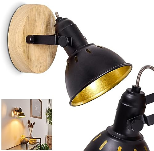 Applique murale Tina en bois et métal noir et or, spot rotatif de style retro-industriel, socle rond, idéal dans un salon vintage, pour 1 ampoule E14, ampoule(s) non incluse(s)