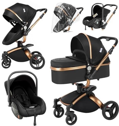 Magic ZC Kinderwagen 3 in 1, Kinderwagen Leder mit Verstellbarem Sitz Um 360° Drehbar, Buggy mit Umkehrbarem Zwei-Wege-Schub, Kinderwagen 3 in 1 Komplettset Zubehör Hohe Landschaft (906 Schwarz)