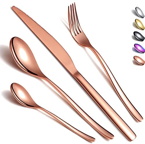 Kyraton Juego de rosa cubiertos 24 piezas, chapado en titanio juego de cubiertos de oro rosa fuerte de acero inoxidable, antióxido, apto para lavavajillas, vajilla que sirve a 6 personas