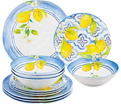 UP 12-Piece Melamine Dinnerware Set, Includes Dinner Plates, Salad Plates, Bowls, Service for 4. (Lovely Lemons)