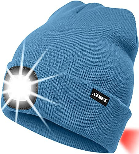 ATNKE 8LED beleuchtete Strickmütze, wiederaufladbare USB-Scheinwerferkappe mit extrem Heller, wasserdichter Lampe und Blinkender Alarm Rotes Rücklicht Multi-Color (Magnolien Blau)