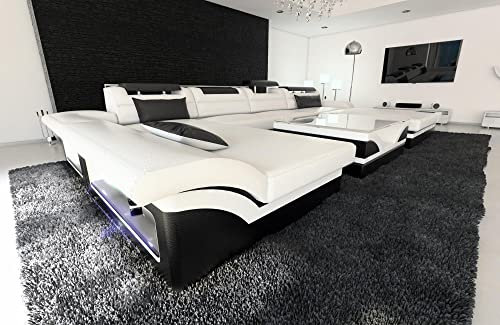 Wohnlandschaft Monza U Form Sofa Ledersofa - mit LED Beleuchtung, verstellbare Kopfstützen, Recamiere/Lederfarben wählbar/Ausrichtung wählbar (Ottomane rechts, Weiß-Schwarz)
