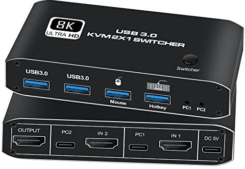HDMI KVM Switch 8K 60Hz,KVM Switch 2x1 HDMI2.1 Ports + 4X USB 3.0 KVM Ports,Share 2 Computers one Monitor with one Keyboard Mouse,Supports 4K 120Hz,YUV 4:4:4, HDCP 2.3, HDR 10,Hotkey