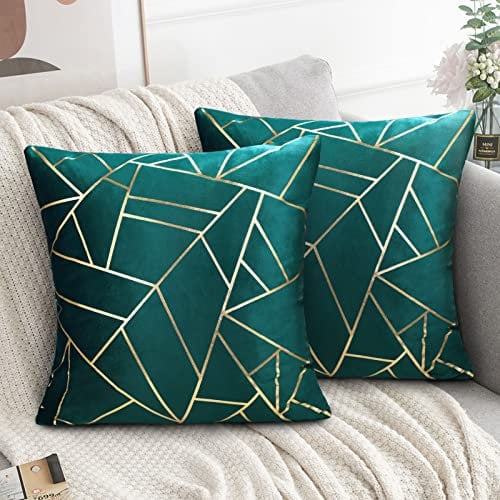 Federe Cuscini Divano 45x45 cm in Velluto 2 Copricuscini Divano Soggiorno Federe per Cuscini Ottanio Moderni Oro Geometrica Fodera per Cuscino Pillowcase per Camera Letto Auto Decorazione Blu Verde