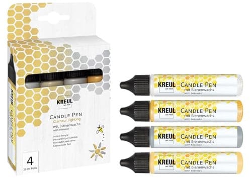 KREUL 49756 - Candle Pen 4er Set Glamour Lighting, Glitter-Silber, Glitter-Gold, Silber, Gold, je 29 ml, feine Malspitze, Farben mit Bienenwachs zum Verzieren & Bemalen von Kerzen