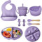 Hoidokly Vajilla bebe de silicona 8 piezas, Vajilla Bebe Silicona con Ventosa Plato y Cuenco Cuchara Tenedor Babero Set,Vajilla Infantil Bebe 6 Meses(Púrpura)