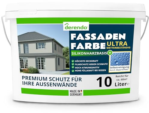 derendo Silikonharz Fassadenfarbe Grün ULTRA Wetterschutz Kaperngrün 10 l aussen Fassade Silikonharzfarbe mit Abperleffekt Lotus Blatt Fassadenschutz Schmutzabweisende Silikonharzbeschichtung
