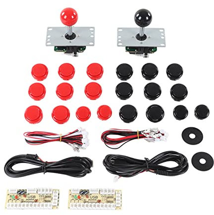 OUKENS DIY-Arcade-Rocker-Zubehör, 2-Spieler-LED-Arcade-Spiel-DIY-Kit, Klassisches DIY-Arcade-Kit Mit USB-Computer, Joystick, Platine, Gamepad, 30 Kassettentasten, Rot, Schwarz
