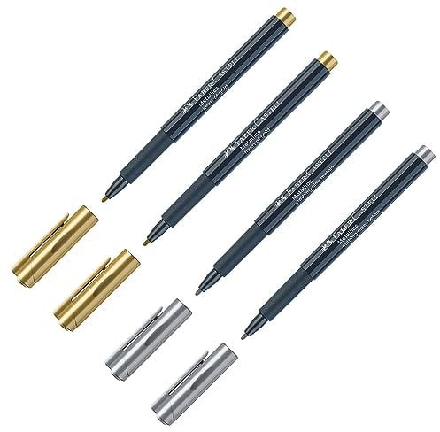 Faber-Castell 205073 - Pennarello Metallics con punta in fibra, 4 pezzi, adatto a molte superfici, effetto metallico in oro e argento