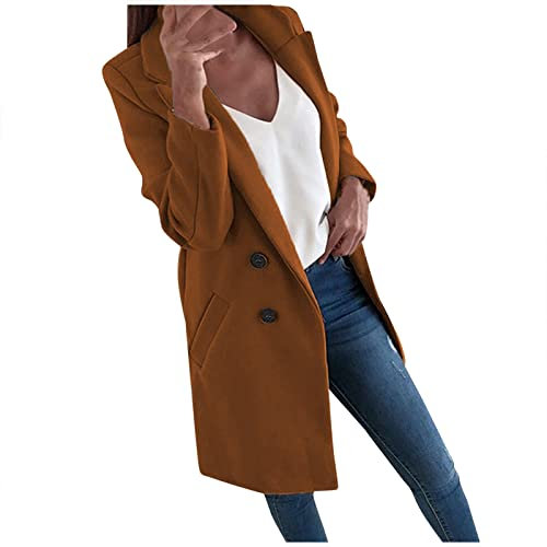 Blazer Lang Tailliert Damen Damen Spitze Hosenanzug Motorrad Lederjacke Jacke Winter Lang Frauen Elegant Einfarbig Revers Langarm Business Blazer Mit Tasche Arbeit Sommerjacke Leicht Lang (Coffee, S)