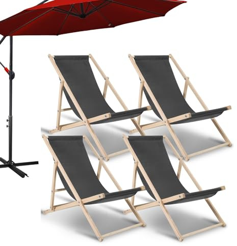 Tubiaz 4er Liegestuhl 120kg Belastbar Strandstuhl Holz,Gartenliege Klappbar wetterfest,Verstellbar Liegestuhl Garten Sonnenliege Holz Relaxliege Garten für Camping Balkon Pool,Grau