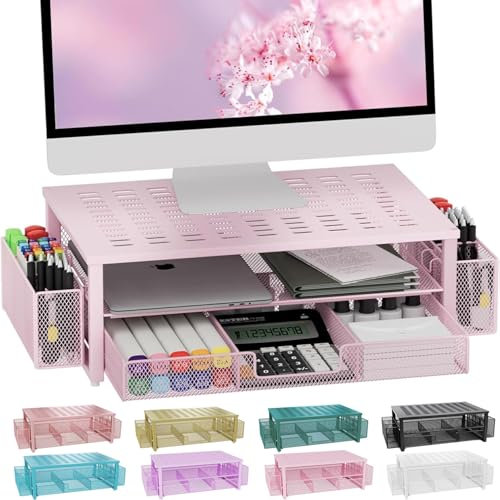 gianotter Monitorständer mit Schublade und Stifthalter, Schreibtisch-Organizer und Zubehör, 2-stöckige Monitorerhöhung, Bürodekoration für Damen (Rosa)