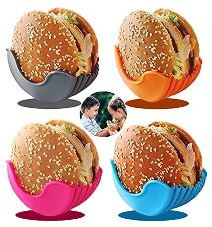 Retractable Reusable Hamburger Sandwich Burger Holders Fixed Box Clip Rack, Adjustable Hygienic Silicone Fixed French Fry Hamburger Sauce Ketchup Holder Container Boxes for Eating, 4 Pcs