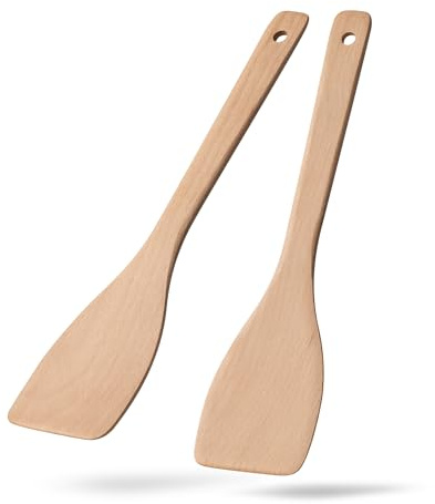 Hefild 2PCS Wooden Spatulas for Cooking, 13inch Uncoated Beech Wood Turners for Frying, Non-Scratch Wood Flat Spurtle for Pan & Wok, Wooden Cooking Utensils for Non Stick Cookware, Long Handle Scraper