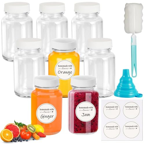 Mispudin Glass Shot Bottles with Lids 100ml/3.5oz, 8Pcs Ginger Shot Bottles Glass Small with Wide Mouth, Travel Bottle for Juice, Ginger, Reusable Wellness Bottle with Funnel, Brush, Label