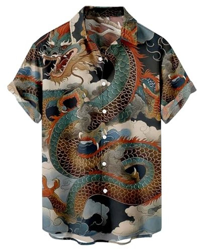 HAOLEI Short Sleeved Shirts for Men UK Sale Clearance Chinese Dragon Print Casual Shirts Summer Lightweight Regular Fit Turn-Down Collar Tops Button Down Hawaiian Vacation Shirt for Beach S-4XL