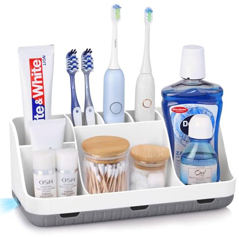 PARKMANI Toothbrush Holder for Bathroom Organizer Storage, Electric Toothbrush and Toothpaste Holders, 7 Slots Bathroom Organiser Countertop, Bathroom Accessories for Family, Kids (White)