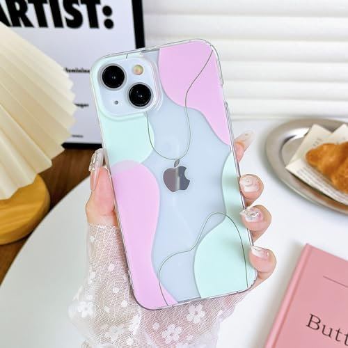 DEFBSC Compatible with iPhone 15 Case, Transparent Color Mix Aesthetic Design Soft TPU Bumper Slim Thin Shock-Absorbing Protective Phone Cover - Green Pink