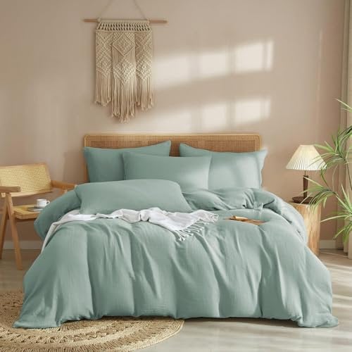 Luofanfei Muslin Bettwäsche 135x200 Baumwolle Mintgrün Grün Renforce Uni Sommer Kühlende Bettwäsche Set Weiche Bettbezug Knitterlook Bügelfrei mit Reißverschluss und Kissenbezug 80x80cm