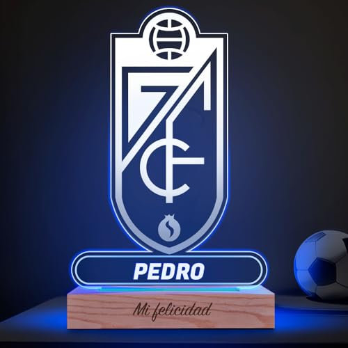 Transparent Gift Lámpara Personalizada Equipos Fútbol. Regalos Originales Cumpleaños Infantiles. Regalos para Hombres, Día del Padre. Diseño Escudo Granada de Metacrilato y Madera. Luz LED