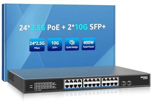 NICGIGA Switch 24 Porte 2.5G Non Gestito con 24×2.5Gb Base-T PoE+ (400W) + 2x10G SFP+ Uplink, Switch Ethernet IEEE802.3af/at, Supporto WiFi6 AP, NAS, Telecamere 4K PoE, NVR