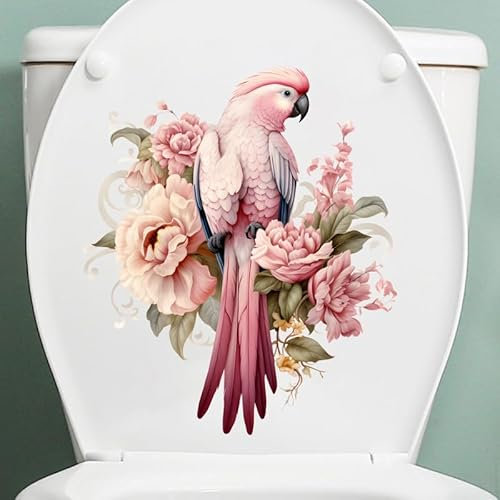 Parrot Flower Cover Sticker Decals,Flower Leaf Bird Waterproof Toilet Lid Tank Seat Decals Cistern Self-Adhesive Bathroom Wall Sticker