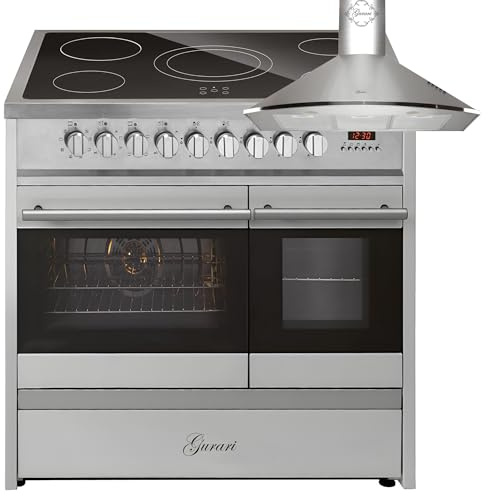 GURARI Elektro-Standherd GCH E 912 DF X+GCH C 046 IS 9, Elektro Standherd 90 cm mit 1-fach-Teleskopauszug, Doppelbackofen + Dunstabzugshaube 90 cm
