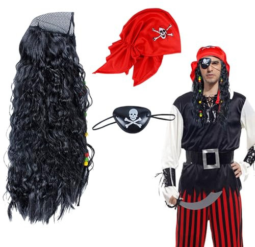 UILYNIU 3 Pcs Ensemble de Costume de Pirate Adulte Enfant Accessoires de Pirate Perruque Homme Chapeau de Pirate Cache œil de Pirate pour Halloween Carnaval Party (3 Pcs)