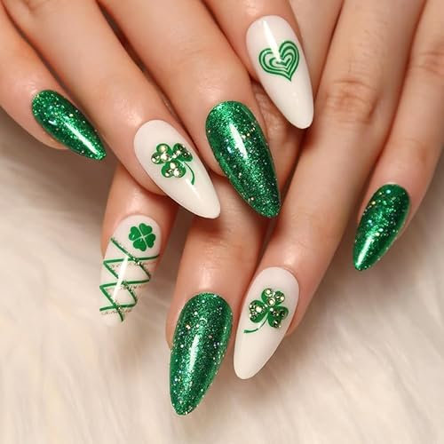 24pcs St Patricks Day Nail Tips, Glitter Green Press on Nails Irish Shamrock Heart Stick on Nails Glitter Gold Swirl Removable Glue-on Nails False Nails St Patricks Day Women Nail Art Accessories