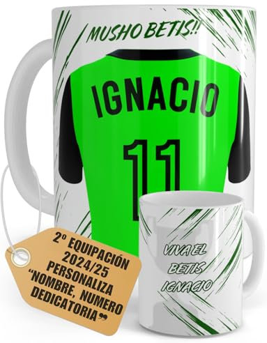 Tazas Personalizadas Fútbol Betis Nombre Número Y Dedicatoria Equipaciones 24/25 Cerámica, Regalo Original Para Aficionados Beticos Verdiblancos Apta Microondas Lavavajillas Té Café (BETIS 2)
