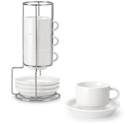 MALACASA 2.5 Ounce Porcelain Stackable Cappuccino Cups with Saucers and Metal Stand