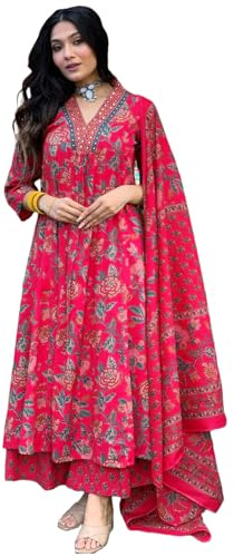 GoSriKi Women's Rayon Viscose Anarkali Printed Kurta with Palazzo & Dupatta, Pink, 4XL