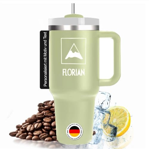 Personalisierter Edelstahl Thermo Trinkbecher mit Lasergravur – 1,1L/40oz Isolierter Tumbler Cup mit Strohhalm – Für Heiß- & Kaltgetränke – Einzigartige Geschenkidee (Minz-beige)