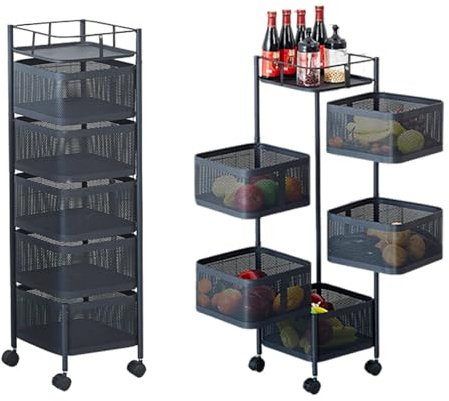 Rollwagen Metall KüChenwagen Mit Rollen, 360° Drehbares GemüSeregal Trolley, Aufbewahrungswagen Obstwagen Aufbewahrungsregal, KüChenregal Organizer Für KüChe Badezimmer Kinderzimmer (5 FäCher Rund)