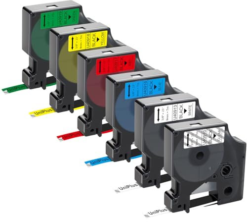 UniPlus 6x Kompatibel D1 9mm Schriftband als Ersatz für D1 45913 45910 45916 45917 45918 45919 für Dymo Labelmanager 160 280 210D 360D 420P 500TS Labelpoint 250 150 LabelWriter 450 DUO, 9mm x 7m