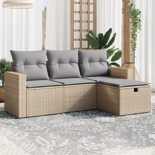 Emmtore 4-TLG. Garten-Sofagarnitur mit Kissen Poly Rattan,1 x Mittelsofa+2 x Sofa mit Armlehnen+1 x Fußhocker,Beige und Grau,ohne Stauraum