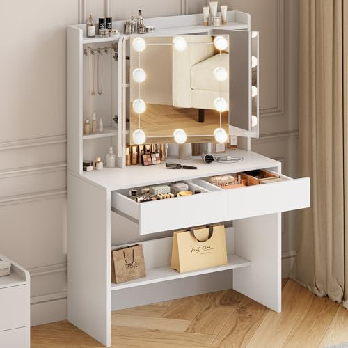 DWVO Schminktisch mit Spiegel und Beleuchtung, 3 Farben mit Einstellbarer Helligkeit, Schminktische mit 2 Schubladen und 3 Türen, Kosmetiktisch mit Offenen Fächern Schmuckablage 90×40cm (Weiß)