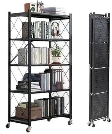 FOXSPORT - Regal mit 5 Ebenen, 163 x 72 x 37 cm, Industriestil, Bücherregal, Lagerregal, faltbar, Belastung 100 kg, Universalrollen, Schwarz