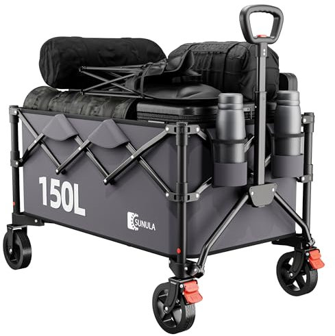 SUNULA Bollerwagen Faltbar Tragkraft 120KG, Klappbarer Handwagen mit EIN-klick-Handgriff & 4-seitig zusammenfaltbar, Geländegängig Räder mit Bremsen 150L, Grau