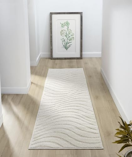 Aya Soft Scandinavian Boho Wave Hallway Runner Rug, Cream, 60x220cm