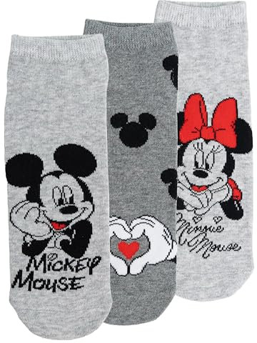 Disney Minnie & Mickey Mouse Socken für Damen - Love Frauen Sneaker Strümpfe Grau (3er Pack) (DE/NL/SE/PL, Numerisch, 35, 38, Regular, Regular, Grau)