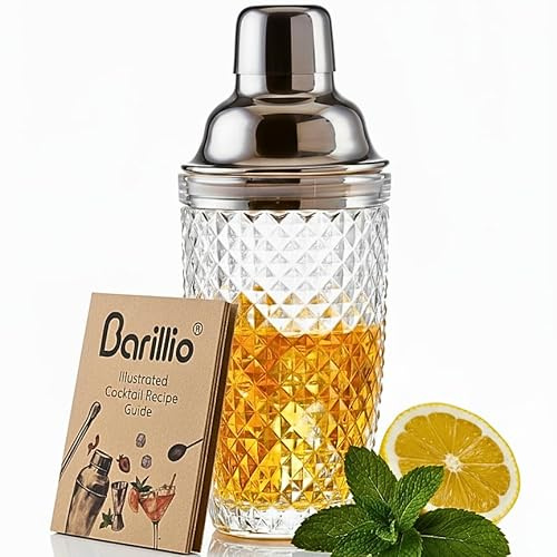Barillio 14 oz Glass Cocktail Shaker | Cobbler Mixer with Built-In Strainer, Leak-Proof Clear Martini Shaker for Single-Serve Drinks