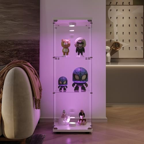 Mokylor Vitrine aus Glas mit 3 Etagen, 125 x 42 x 36 cm, mit 7 Farben RGB-Beleuchtung und 1 Tür, Schloss, Sammelvitrine für moderne Wohnzimmer (Weiß/LED)