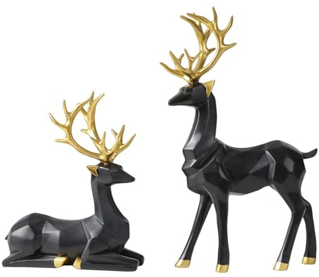 Generisch 2 Stück Hirsch Figuren Deko Weihnachts-Rentier-Statuen goldene Elche Harz Rentier Paar Skulptur Desktop Ornament Stehender und Liegende Hirsch Dekofiguren Dekoration (Schwarz)