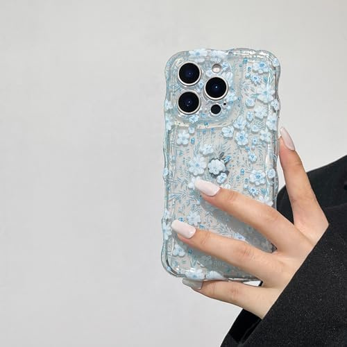 RALEAVO for iPhone 15 Pro Max Flower Case, Cute Wavy Floral Cover, Blue