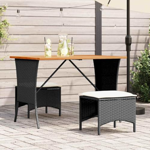 QJBSAVVA 3-TLG. Garten-Essgruppe Poly Rattan Schwarz 105 x 75 x 72 cm mit Akazienholz-Tischplatte UV Langlebig platzsparend Freizeit-Sitzgruppe Kleiner Balkon Terrasse